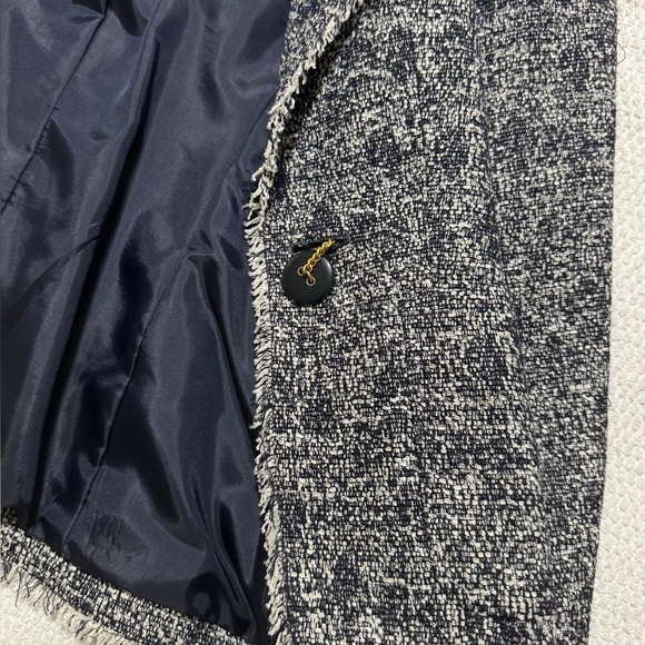 Talbots Women Size 4 Navy Blue White Boucle Tweed Fringe One Button Blazer - Picture 9 of 15